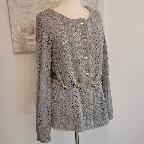 Leifsdottir Silk Wool Gray Cable Knit Sweater with Gold Accents Large - Picture 6 of 9